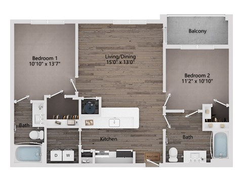 Floor plan for 2 beds, 2 baths, 1035 sqft